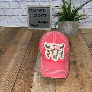 Steer Head Skull Floral Embroidered Distressed Baseball Cap kbethos